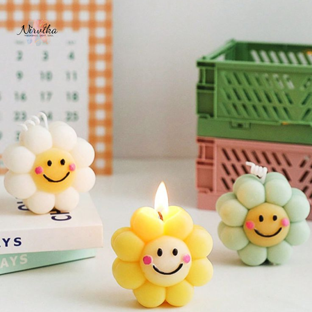 Nirvika Smiley Flower Soy Wax Scented Candles 4 pieces | Hand-Poured Eco-Friendly Aroma Candles for Home Décor, Relaxation, Meditation & Gifting